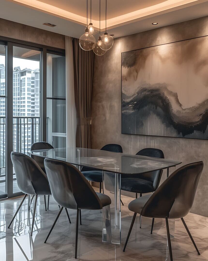 Grupo Econstrucciones - remodelación de casa, sala comedor, con un cuadro moderno y una lámpaña de luz amarilla